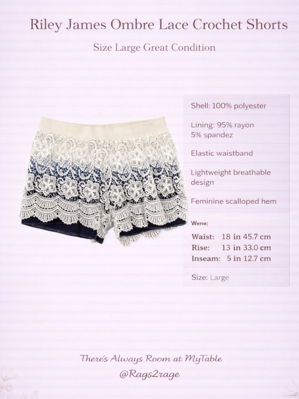 Riley James Lace Ombre Shorts White Crochet Lined Large - Picture 4 of 10